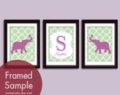Personalized Initial Name Prints with Elephants (Set of 3 - 5x7 Art Prints) Featured in Lilac Pink and Jade (Customizable Colors)