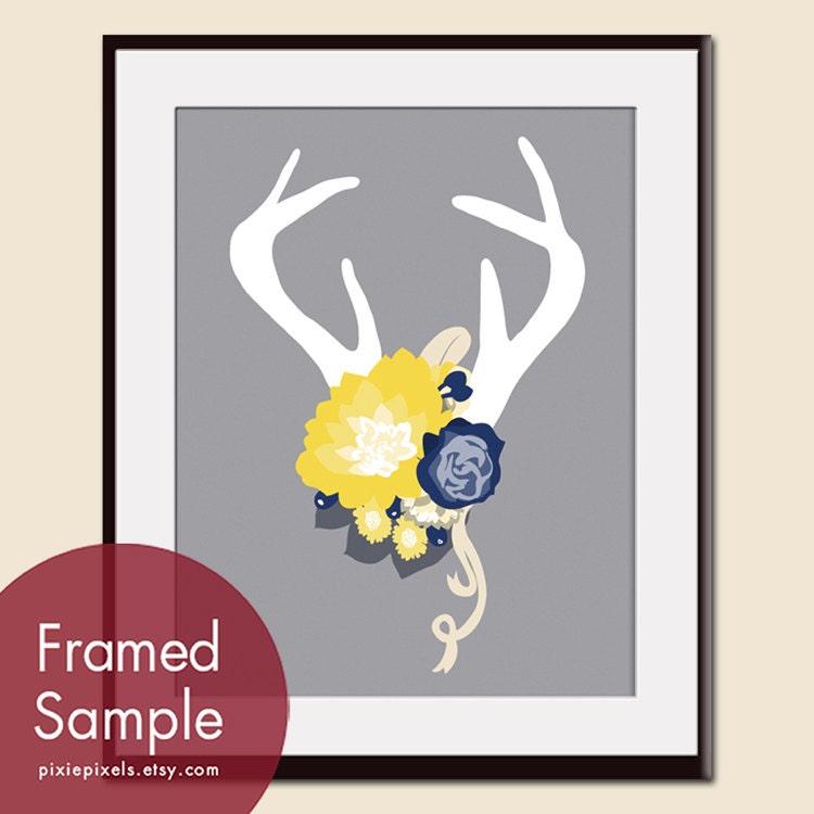 Deer Head Silhouette with Flowers (series B) 11x14 Art Print  (Assorted Colors) VIntage Modern Style (Customized Colors)