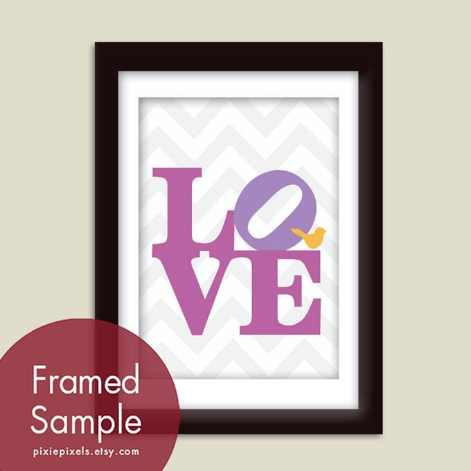 LOVE (Chevron) - 5x7 Art Print (Featured Lilac Pink, Imperial Violet and Beeswax bird) (Customizable Colors) Buy 3 get one Free