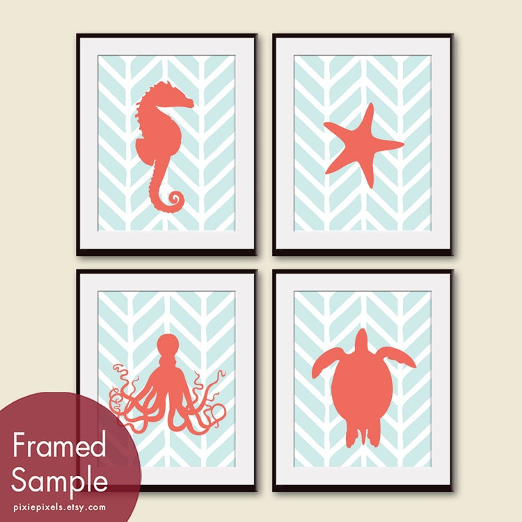 Marine Life Nautical Series (B) Set of 4 8x10 Art Prints (Featured in Hibiscus and Pale Carribean) Colors Customizable
