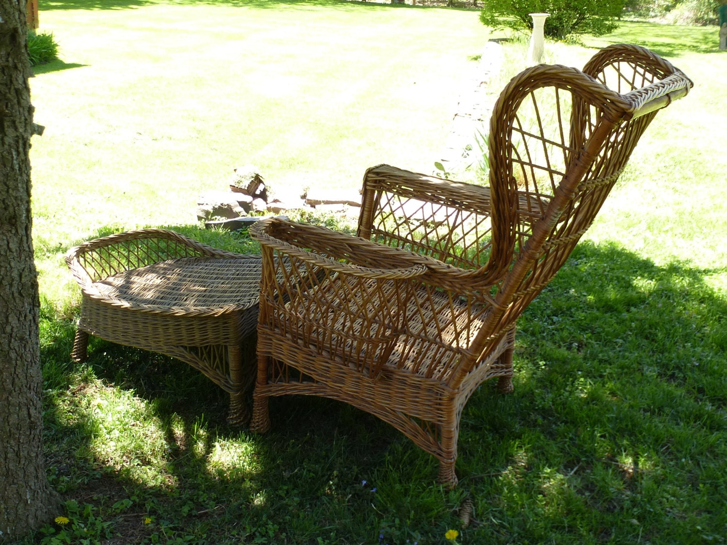 Wicker Wing Chair and Ottoman Classic Vintage Chaise Lounge
