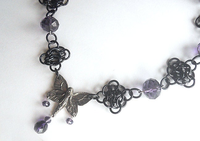 Faerie necklace, Fairy jewelry, Black and purple chainmaille necklace, Gothic jewelry