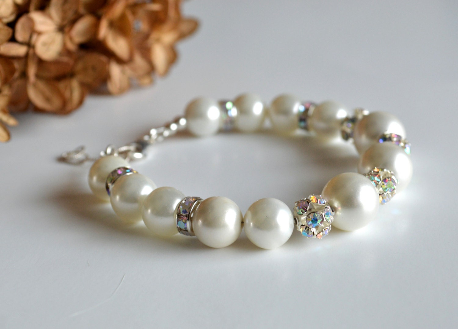 Bridal jewelry, pearl and rhinestone sparkling bracelet, wedding bracelet
