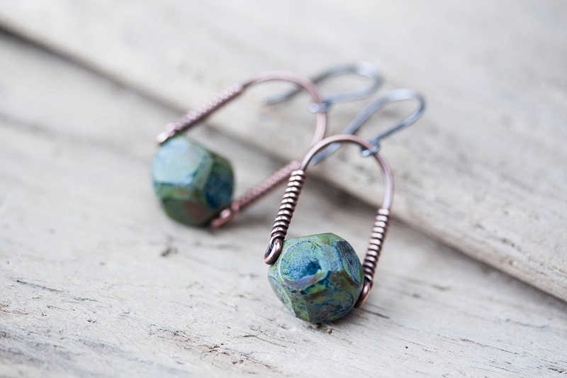 Green Minimalist Earrings - Modern Copper Dangle Earrings, Olive Green Picasso bead - Geometric jewelry, sterling silver earwire