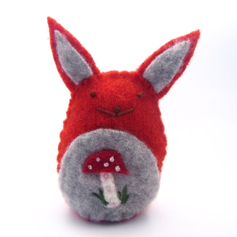 Felted Wool Rabbit Softie, Red and Gray Woodland Bunny with Toadstool