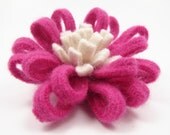 Felted Sweater Flower Pin, Brooch, Hot Pink and White