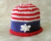 Cotton Knitted Baby Hat - FOURTH OF JULY Baby Beanie- Hand Knitted Baby Hat with Star and Stripes- Children Clothing