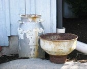 Old Galvanized Milk Can with Strainer Top with Handles Chippy White Paint Cottage Shabby Chic Industrial Farm Garden Flower Decor