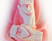 White Fingerless Gloves with Hearts - Pure White and Pink - Acrylic