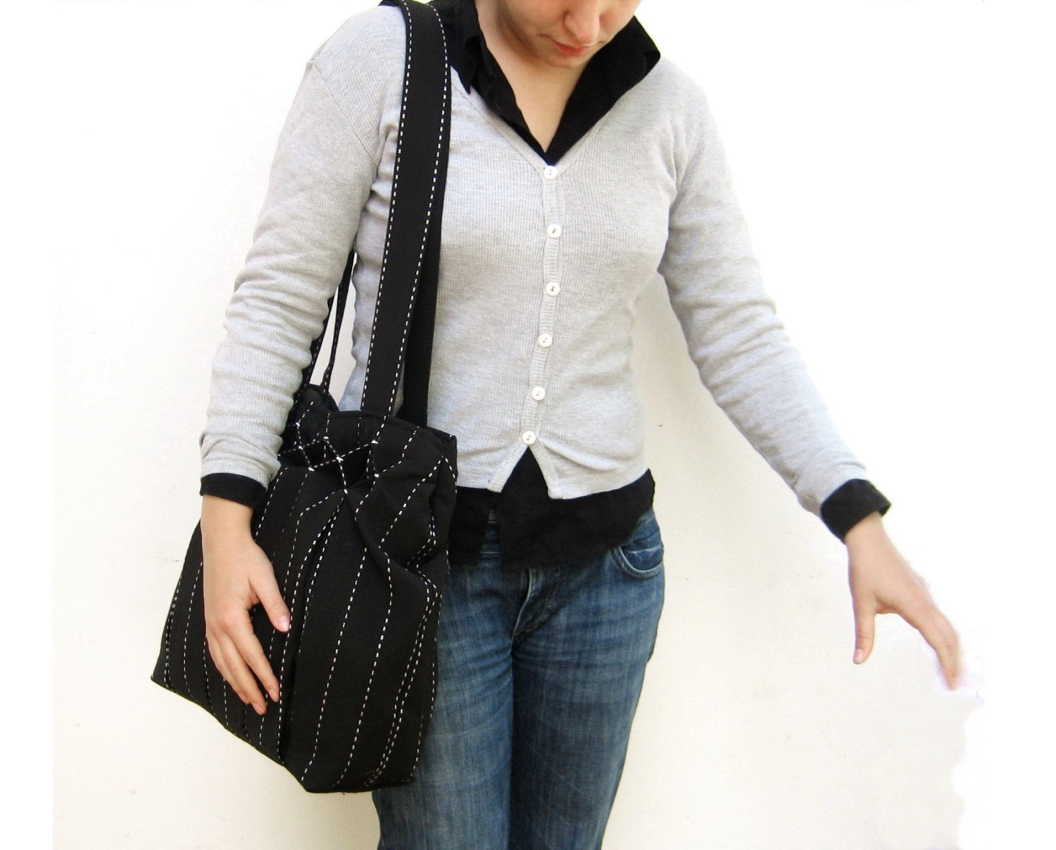Striped, Smocked, Pleated - Black Jet Bag