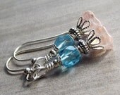 Handmade Earrings -Pink AB Flowers & Aqua Crystals