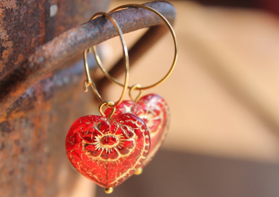Calais Heart Glass Earrings on Gold Hoops in Red Glass with Gold Accents - Perfect for Valentines Day and True Love