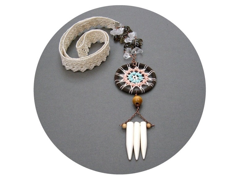 Dreamscape - a crochet dreamcatcher necklace with raw quartz & smokey quartz nuggets