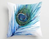 30% Off SALE - Accent Pillow - Watercolor Throw Pillow Cover - Peacock Feather -  Art Painting - Decorative Pillow - Home Decor - Houseware