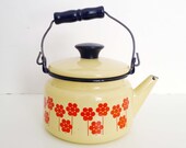 Vintage Enamel Kitsch Red Floral white Teapot