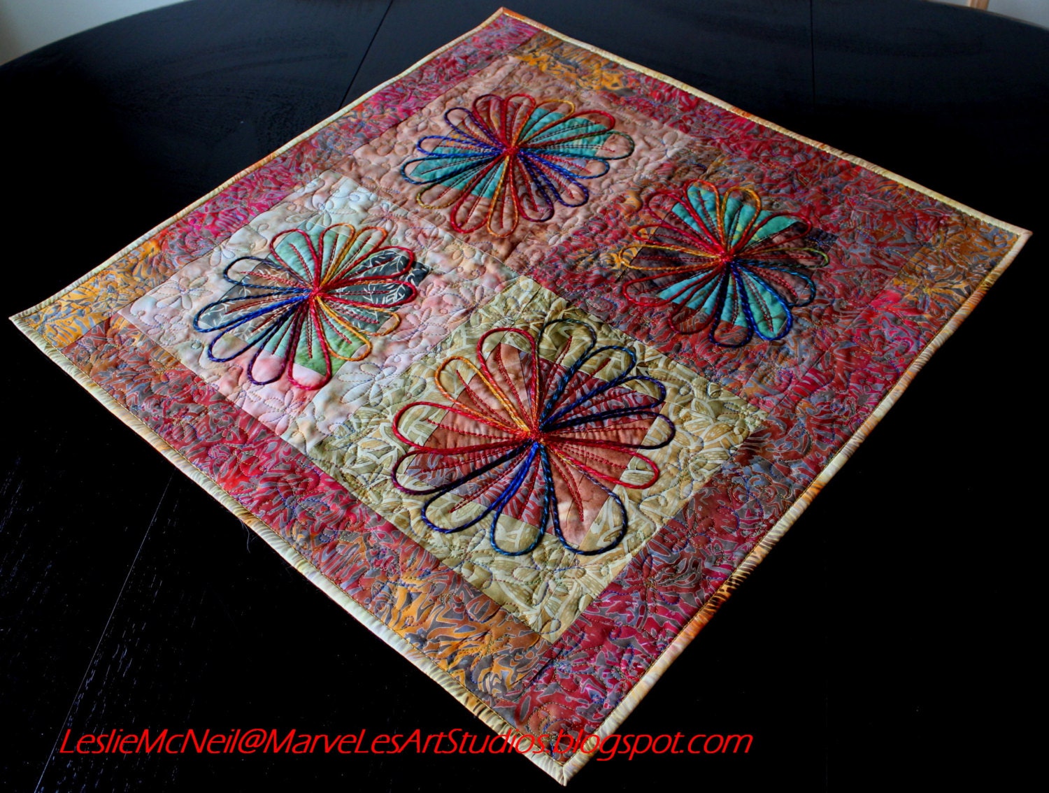 MarveLes RIVER TWIST FLOWER  Art Quilt Home Decor Table Runner Brown Gold Red Blue Forest