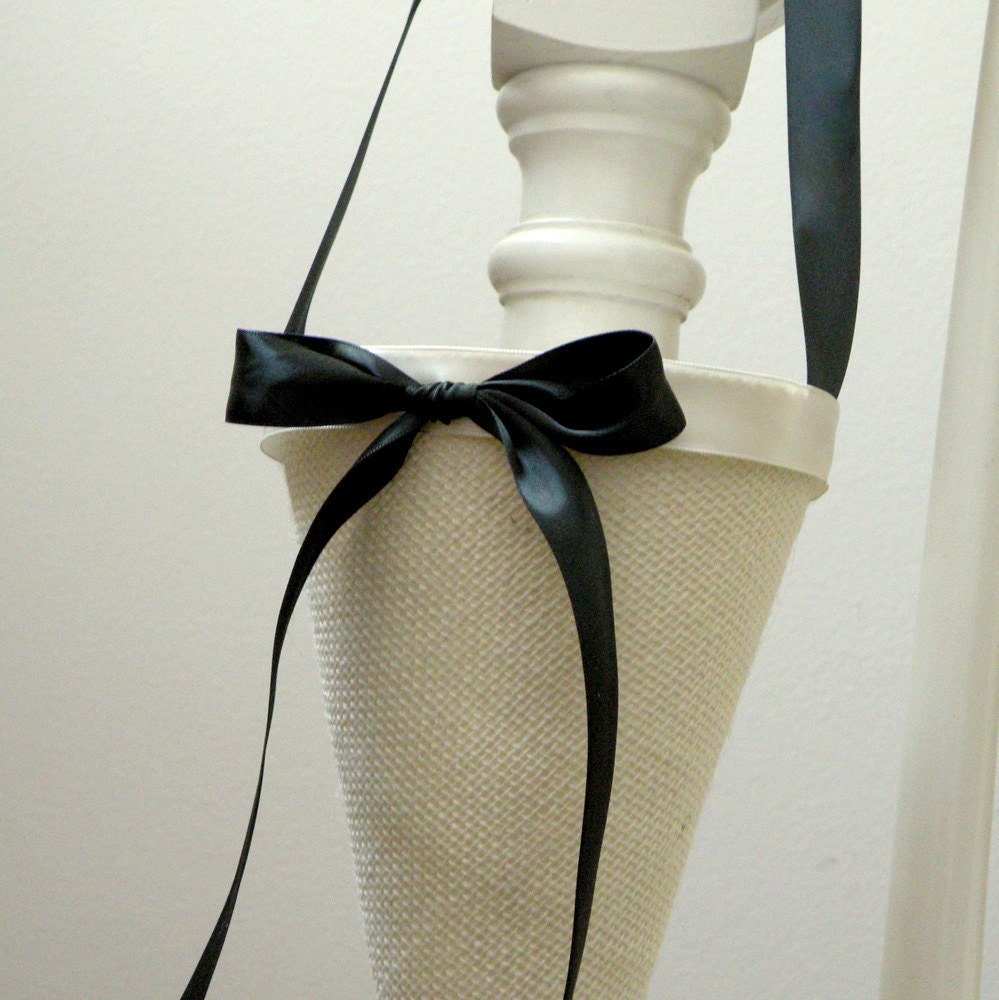 Black & Cream Ivory Burlap Wedding Decor Cone for Aisle Chair, Chruch Pew Decoration or Custom Flower Girl Tossing Petals Basket