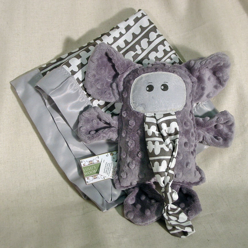 Baby Blanket w/ Plush Toy Elephant - Grey White Minky Chenille Woobie