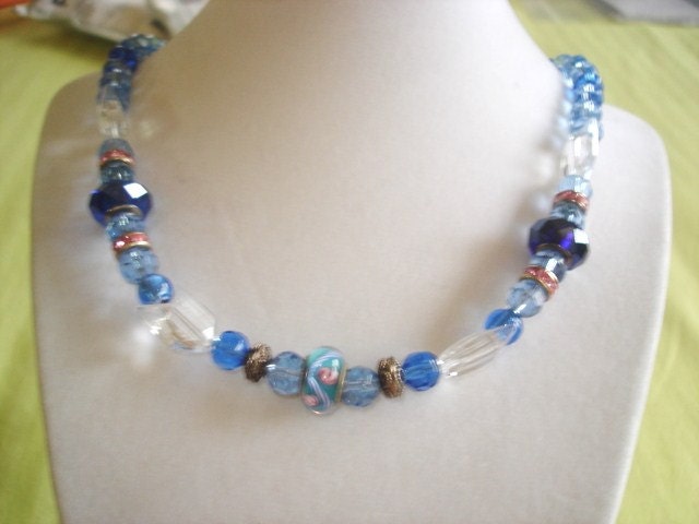 Sale Multi Color Glass Crystal Rhinestone Lucite Flower  Beads Jewelry Necklace 22" 925 Silver Clasp. KL Design