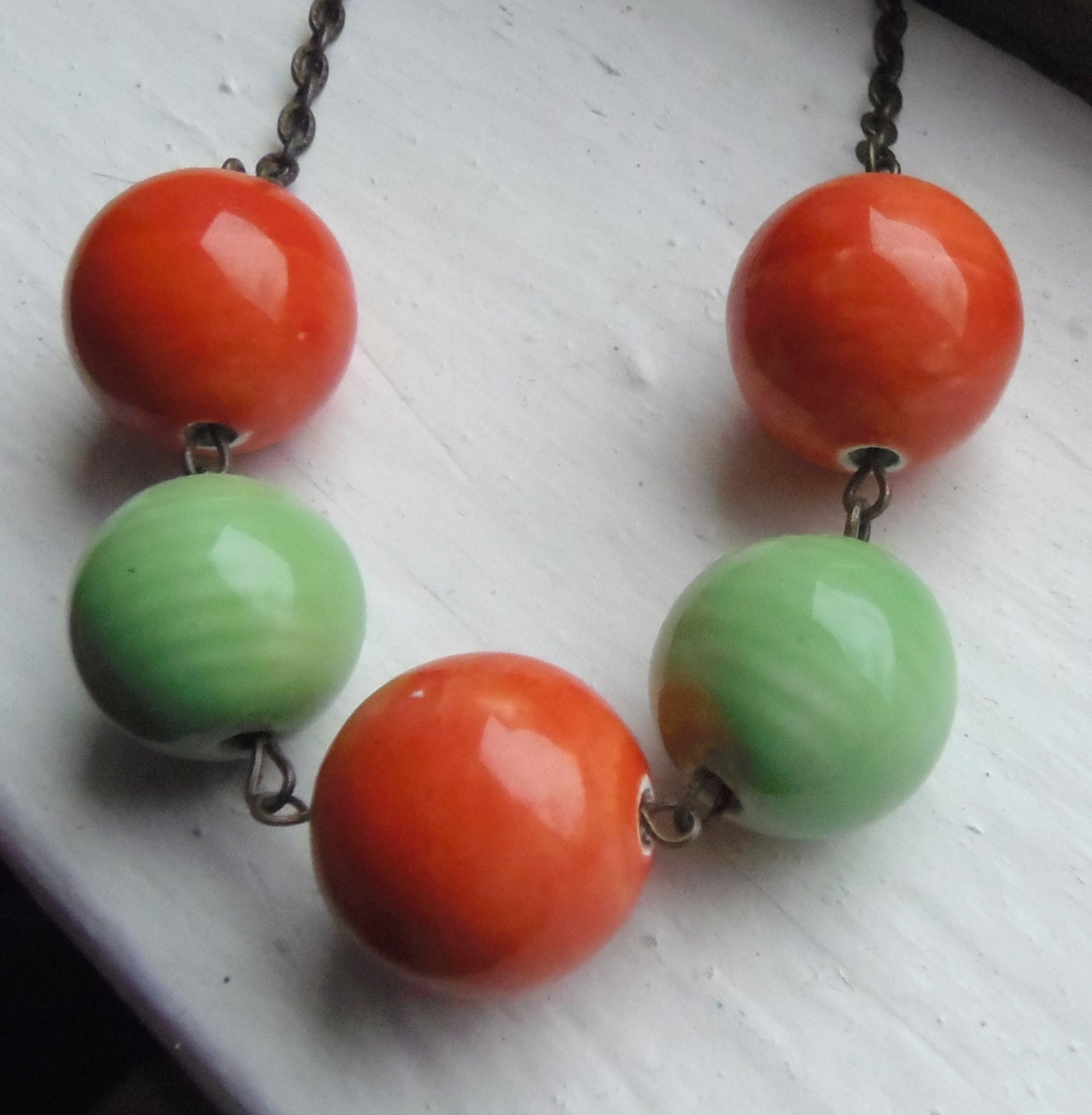 Orange Beaded Necklace. Green Beaded Necklace. Gumball Necklace. Ceramic Necklace. Chunky Necklace. Statement Jewelry