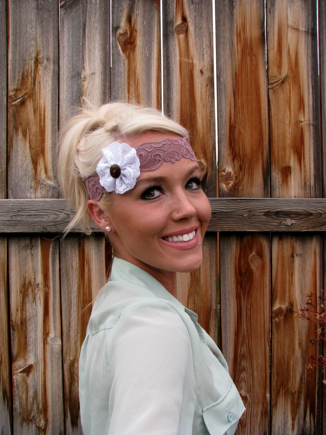 Stretch Lace Headband in Taupe with Lace Flower and Natural Vegan Coconut Shell Button