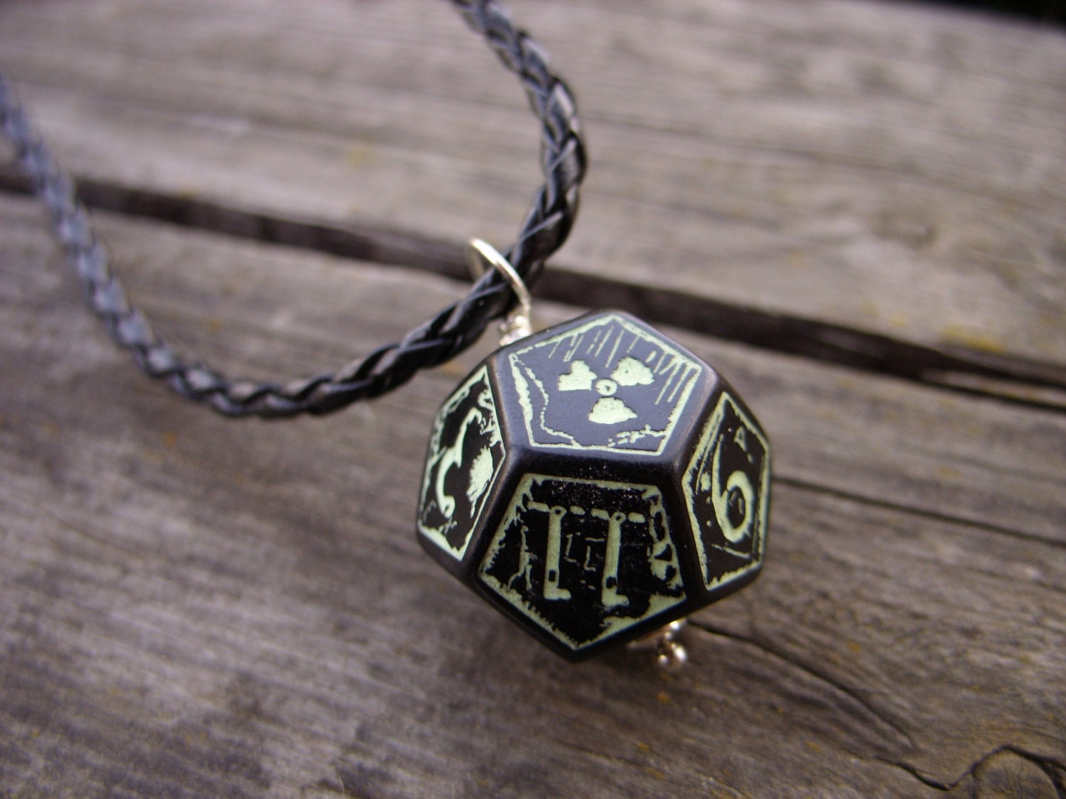 nuclear dice pendant post apo d12 glowing in the dark apocalypse rgp larp geek phosphorescent
