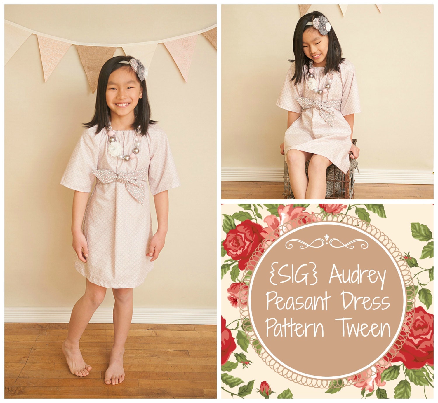 INSTANT Download SIG Audrey Peasant Dress with Sash Pattern eBook - size 7 to 14 Youth, Tween