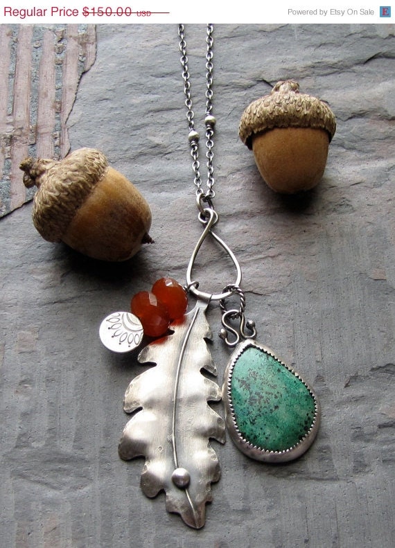 SALE Sterling silver Charm Necklace with Leaf Turquoise and Carnelian