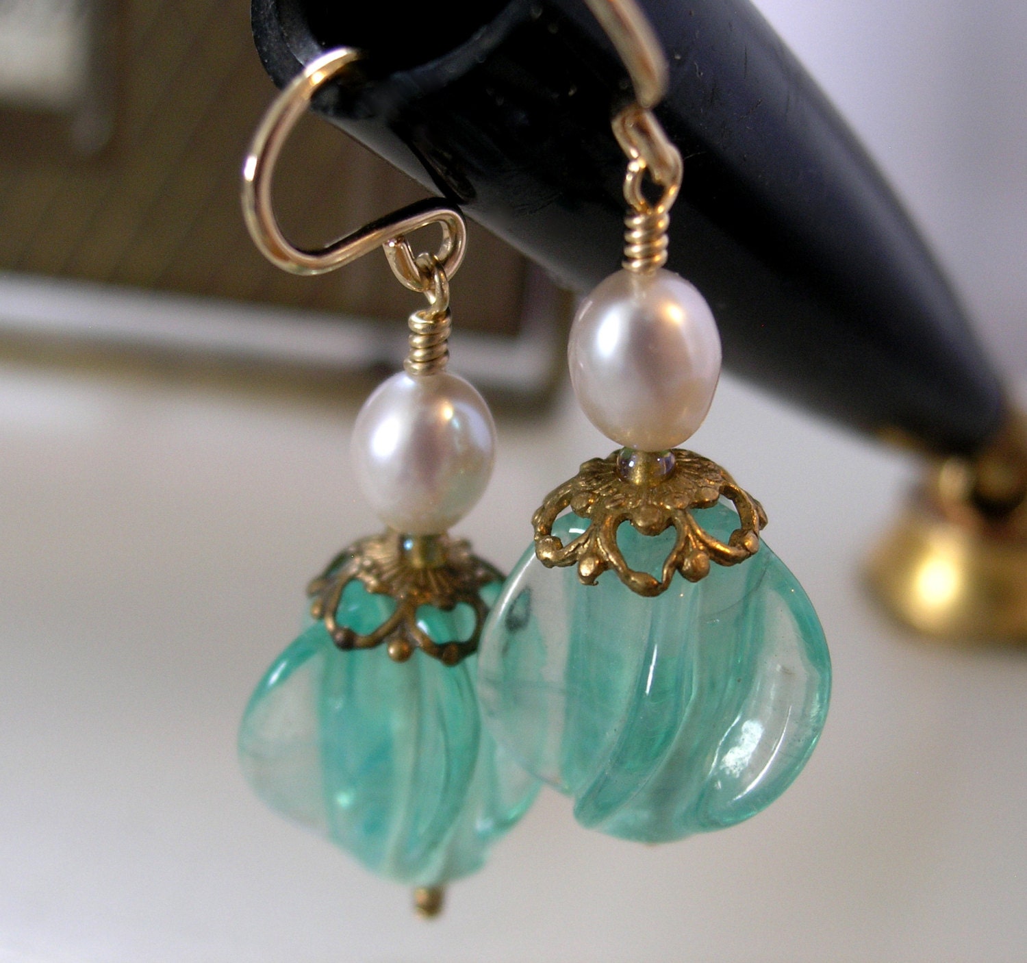 Light Green Vintage Czech Glass Earrings with Freshwater Pearls