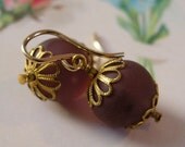 Vintage  Venetian Glass Earrings Bead Earrings, Purple with Vintage Caps