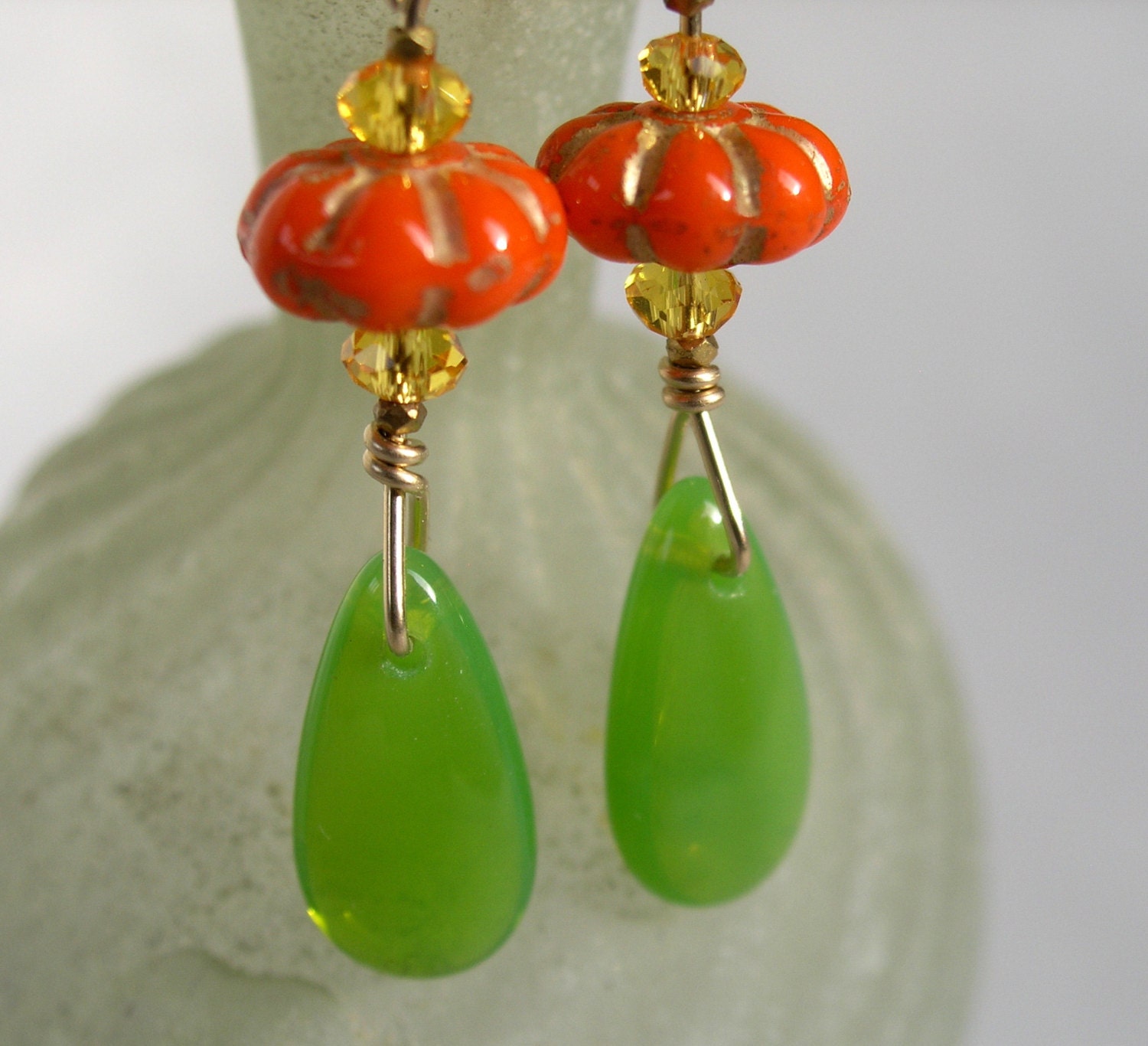 Orange and Spring Green Glass Bead Earrings
