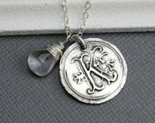 Vintage Wax Seal Pendant and Birthstone Necklace - Personalized Sterling Silver Necklace