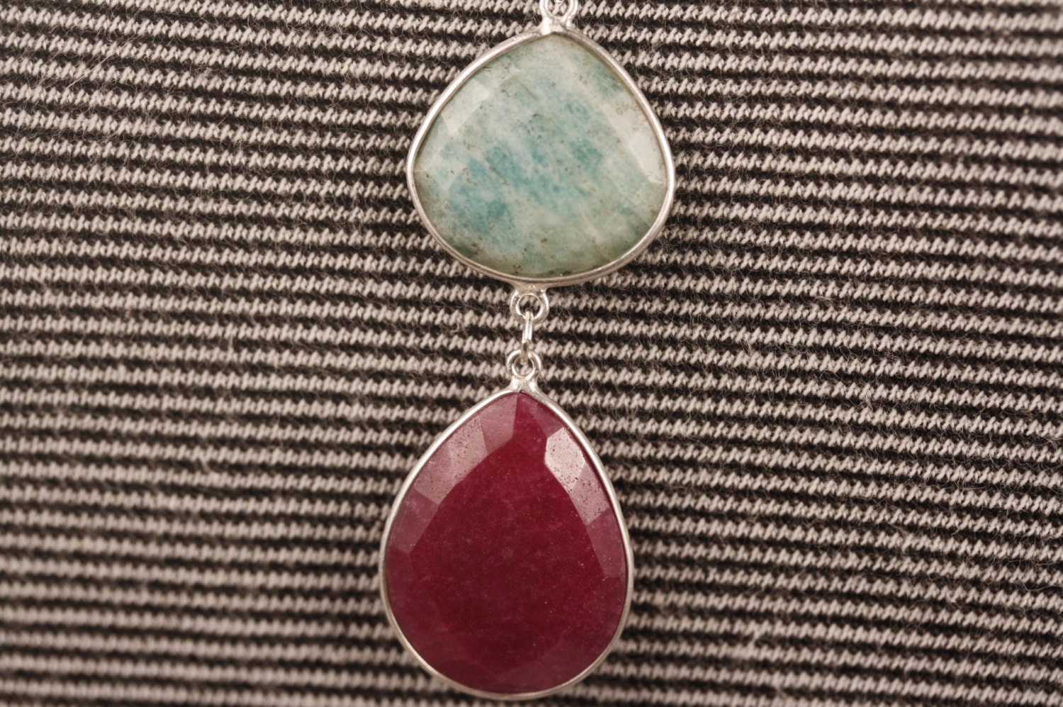 Long Raw Pink Ruby and Blue Amazonite Dangle Necklace on Sterling Silver Chain, Colorful Pendants