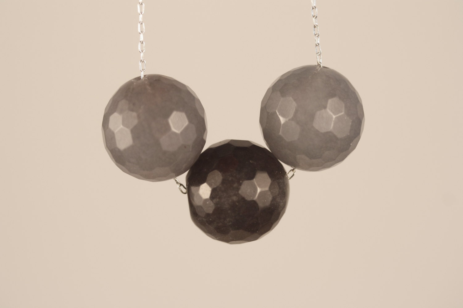 Grey Agate Ball Trio Necklace, Long Silver Chain, 3 Gray Stones, Faceted Orbs, 3 Pendants