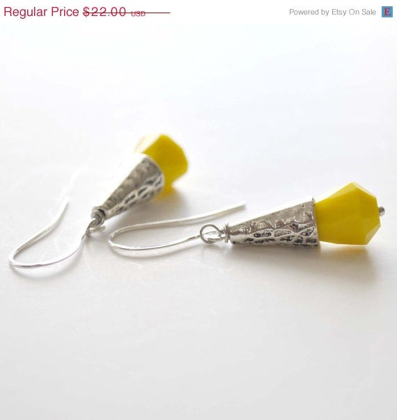 ON SALE Yellow Faceted Teardrop Earrings, Sunny Yellow Dangle, Silver Cone