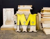 Distressed Carnival Style Wood Letter M Yellow and White