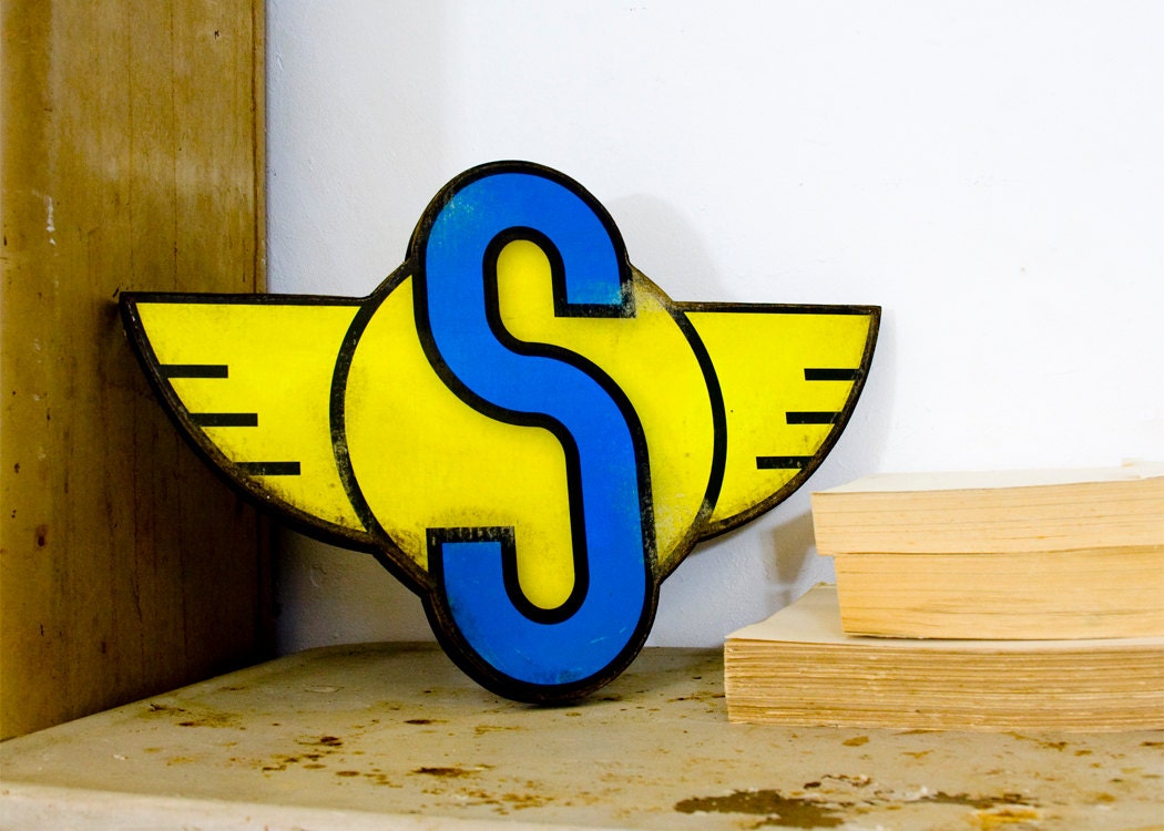 Art Deco Inspired Letter with Wings Blue Letter S with Yellow Wings