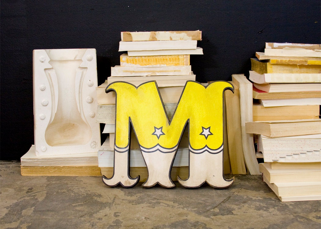 Distressed Carnival Style Wood Letter M Yellow and White