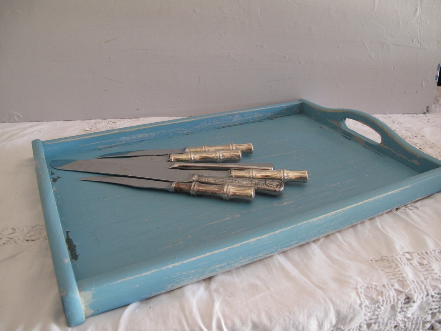Upcycled  18" Wood Serving Tray with Handles, Distressed, Primitive Country Kitchen
