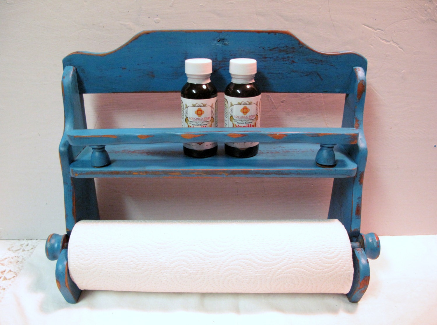 Vintage Wood Paper Towel Holder/Spice rack Combined.Distressed in Turquoise Blue