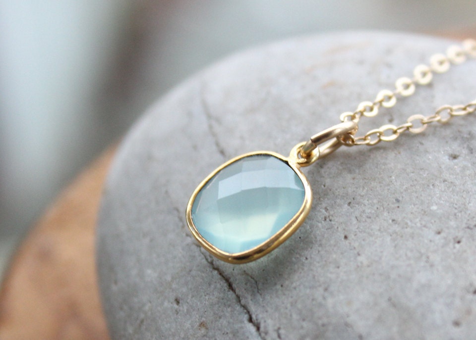 Small Sea Green Chalcedony Necklace - Gold Filled