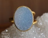 Gold Baby Blue Druzy Ring - Adjustable Ring - Brushed Gold