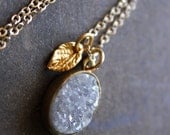 Gold Grey Druzy Necklace with Leaf Charm - 14K Gold Fill