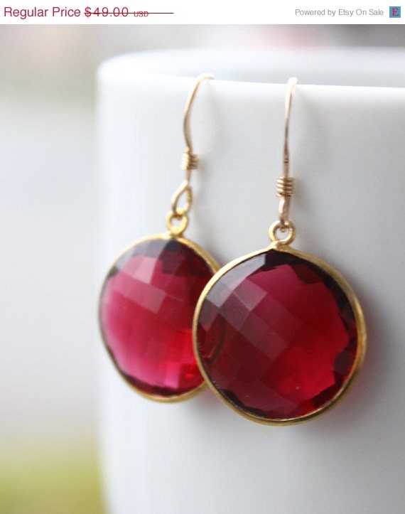 CLEARANCE SALE Gold Red Ruby Quartz Dangle Earrings - Simple Drops - 14KT Gold Fill