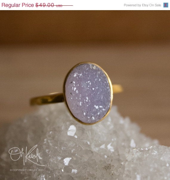 CLEARANCE SALE Pink Lilac Mauve Agate Druzy Oval Gold Ring - Gemstone Ring -Size 9