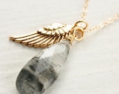 Memorial Day SALE Black Rutile Quartz and Wing Charm Necklace - 14KT Gold Fill - Tourmalinated Quartz