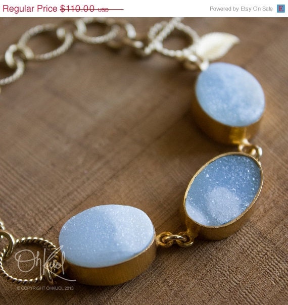 Memorial Day SALE Gold Baby Blue and Snow White Druzy Bracelet - Skeleton Key - Toggle Bracelet