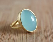 Memorial Day SALE Gold Oval Aqua Chalcedony Adjustable Ring - Mint Green Stone Ring - Cocktail Ring