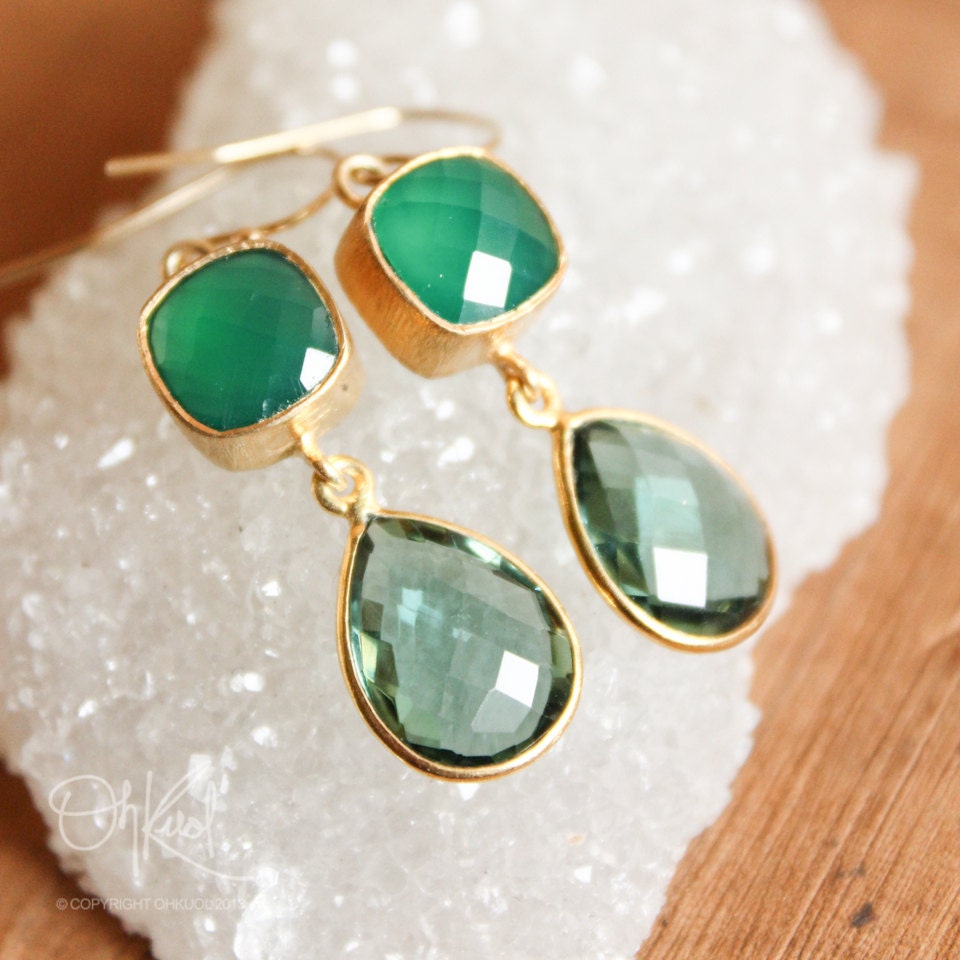 Green Onyx and Teal Quartz Earrings - 14K Gold Fill - Emerald Glamour