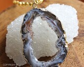 SALE 15 OFF Black Druzy Slice Gemstone Necklace - Gold Pyrite Chain - Layering Necklace